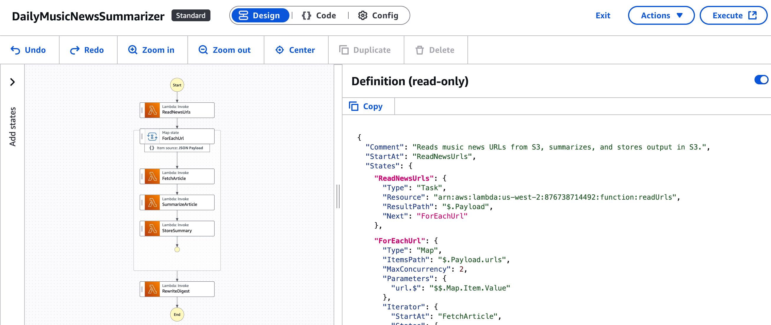 AWS Console showing the Music Business News Digest architecture