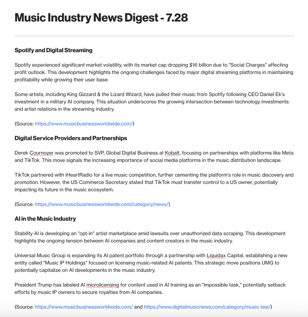 Sample output from the Music Business News Digest