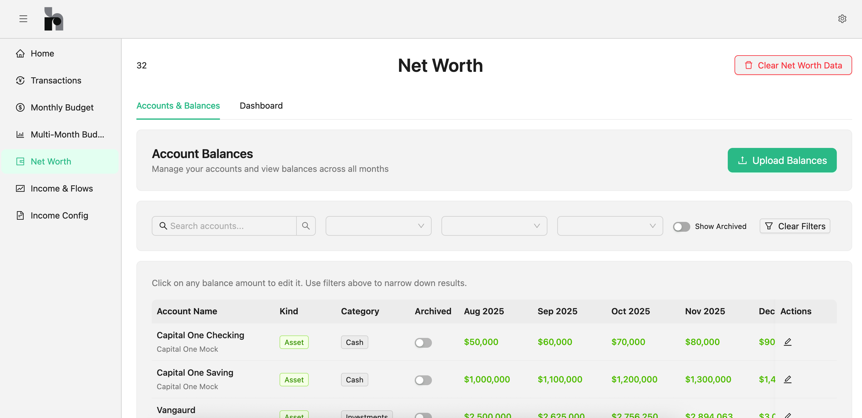 Personal Finance Dashboard - Net Worth Account Balances